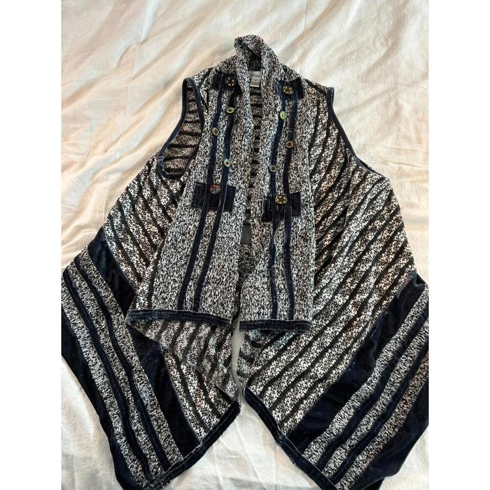Anis A Open Front Sweater Vest Size M Gray White Striped Knit Velvet Trim